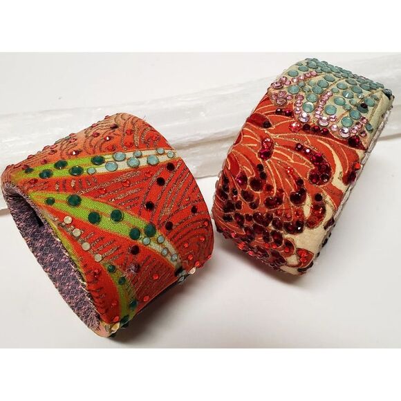 Lucy Notions 2 Wide Handmade VTG Silk Velvet Rhinestone Cuff Bracelets USA Boho - Picture 4 of 10